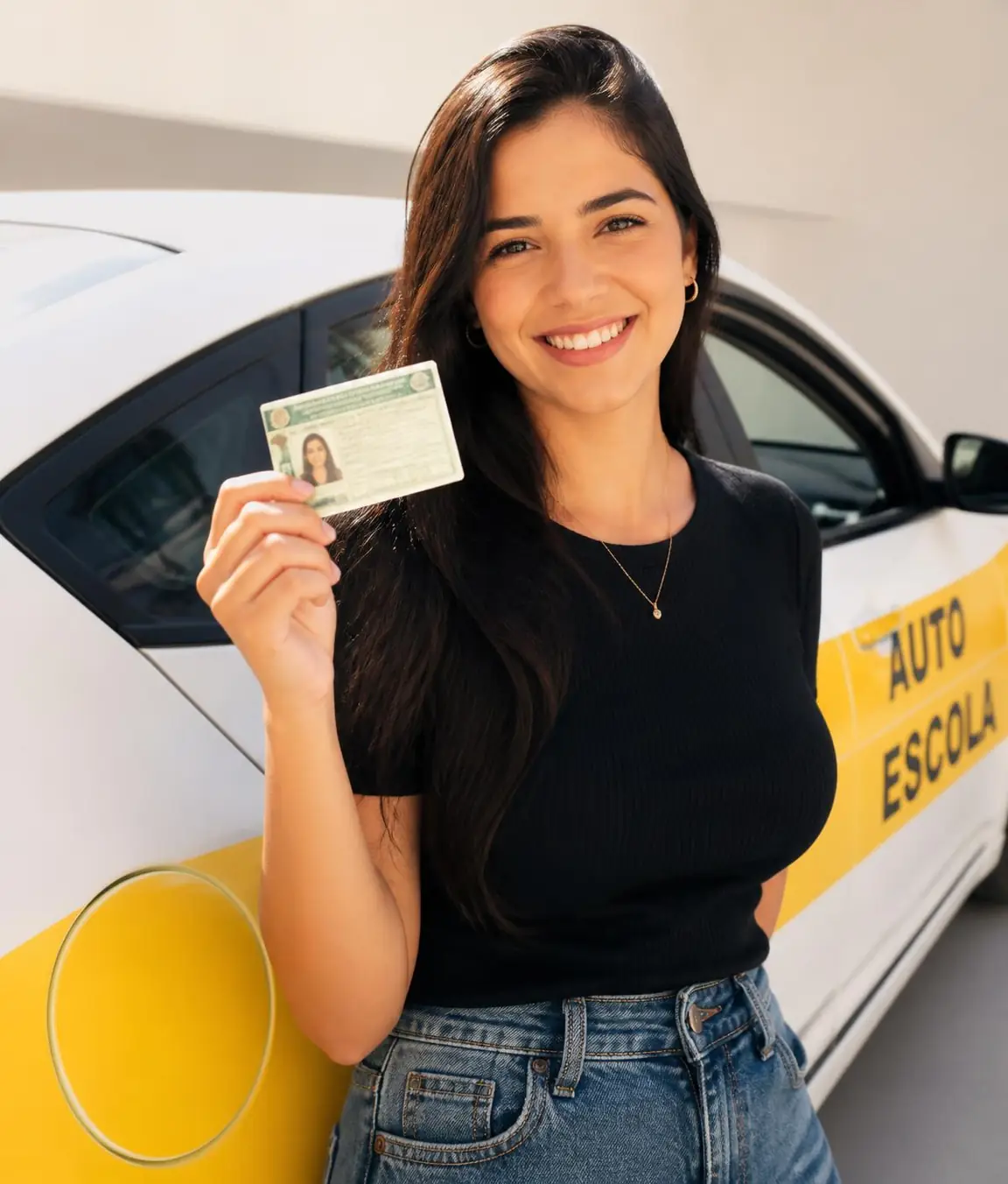 Aluna da Autoescola Onyx segurando sua CNH ao lado do carro da autoescola